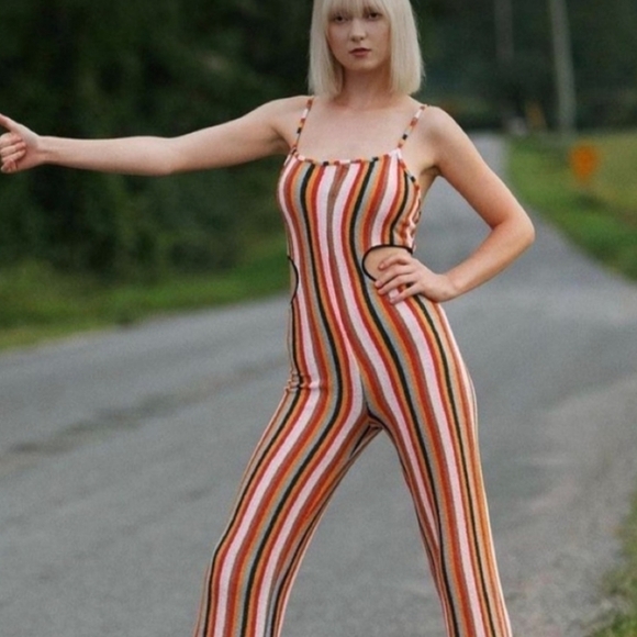 Zara Crochet Terrycloth Vertical Striped Cutout Blogger Fave Jumpsuit New Large - Picture 6 of 16